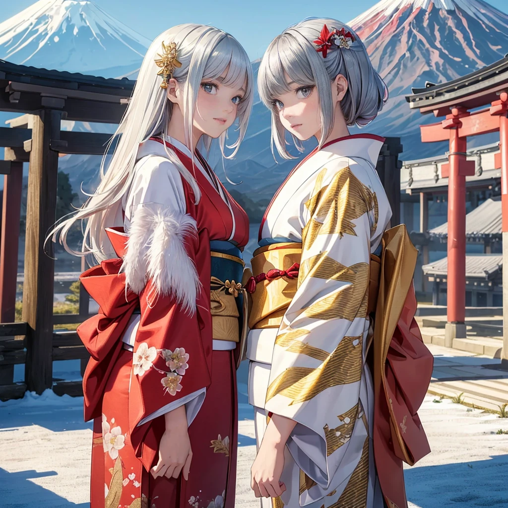 ((8K, RAW Photos, Highest quality, masterpiece)),((Showing the kimono from the obi up:1.5)), High-resolution RAW color photos、
Professional close-up photography, (Realistic, フォトrealism: 1.37),
(Highest quality), (Best Shadow), (Best illustrations),
High-quality images、Skin Radiance、Texture of skin and clothing、
Expression of fine eyes、Shiny Hair,Long Hair Girl, Manga inspired by Lee Jong-suk,
Trending on deviantart, realism, detailed manga style, Manga art style,
Perfect Line Drawing, Beautiful line art, digital manga art girl, K-POPアイドル,
Beautiful brown eyes, Fuller lips, Gorgeous face with attention to detail,
(Cute Smile), attractive, Innocent, (Perfectly detailed face),
(Detailed and carefully drawn hand) Photorealistic images, Written boundary depth,
(Japanese style princess cut hairstyle:1.5),
best quality, masterpiece, New Year,
((Kimono with strikingly beautiful colorful colors, red, Silver, gold:1.7)),
Three Japanese high-school cute girls, ((looking straight:1.5)),
gently smiling,
((upper arms hidden by clothes and hair)),
(innocent and pure high-school-girls:1.7)
((white short scarf)), ((white feather shawl)),
(separately side by side:1.4),
shrine background, (mount Fuji:1.3), ((snow))
winter(season), (outdoors:1.5)
