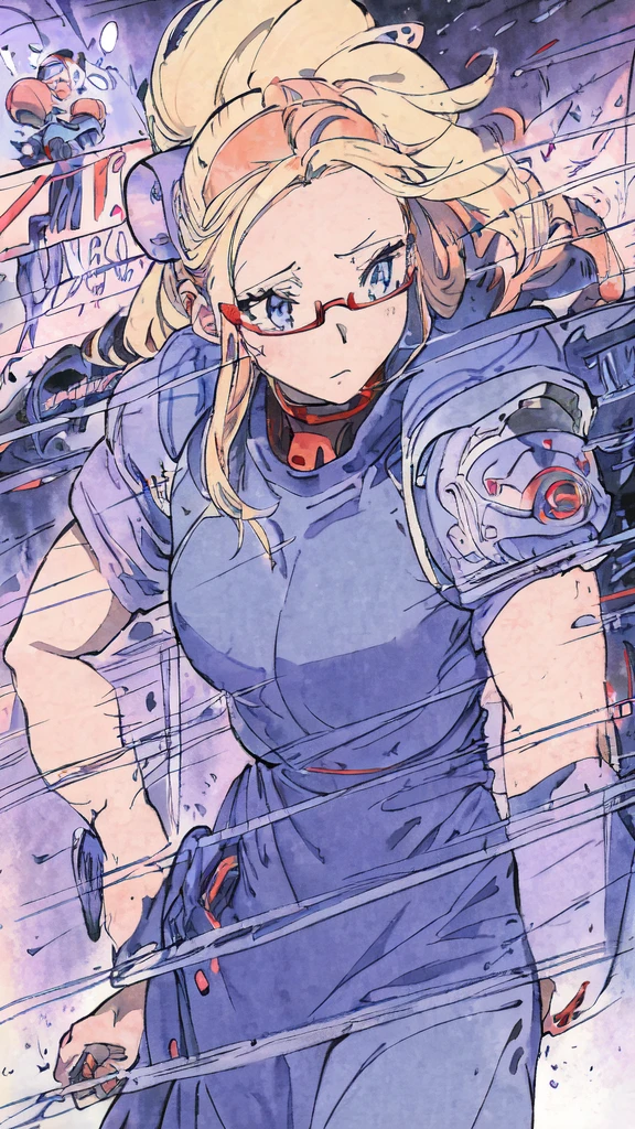 anime,An illustration,purple robot,Mobile Suit,Dom,Light blue check dress,Red glasses,Blonde,Light blue mesh hair,beautiful girl,Sora Sakurano,One person