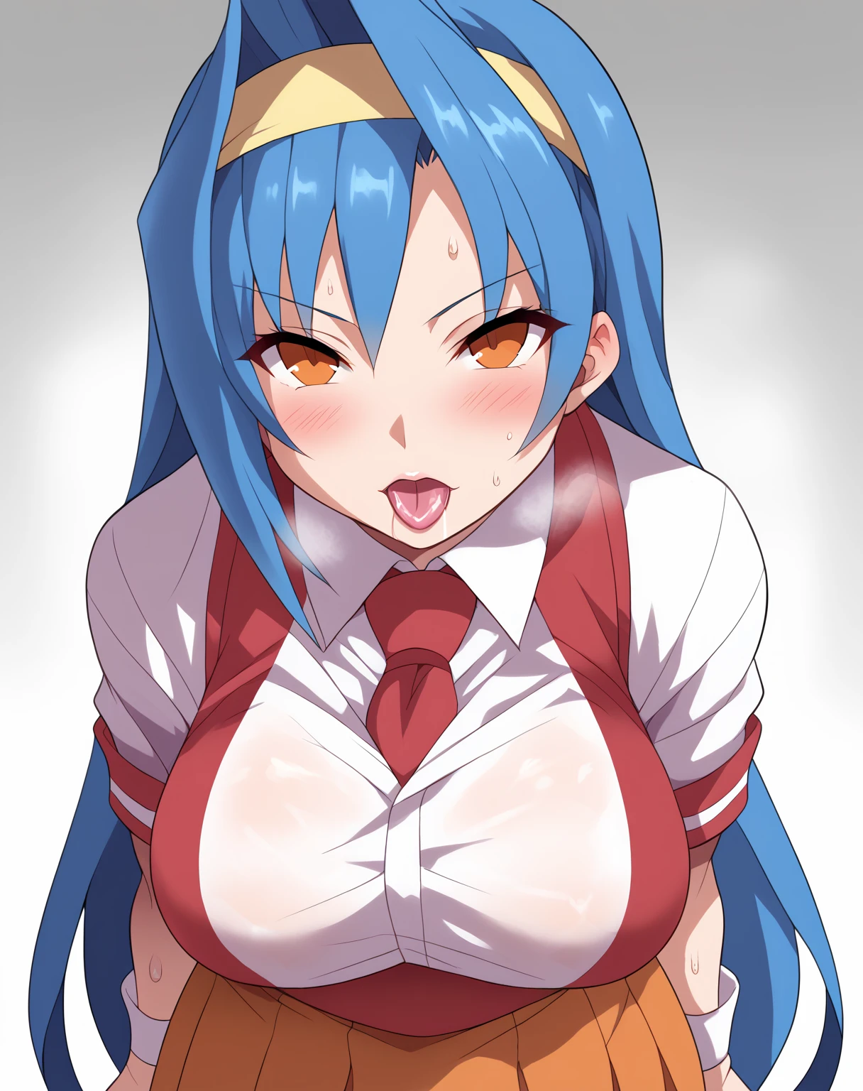 score_9, score_8_up, score_7_up, source_anime, rating_safe, BREAK saki tsuzura, 1girl, very long hair, blue hair, orange eyes, yellow hairband, red necktie, red vest, white shirt, short sleeves, white wristband, orange skirt, pleated skirt, black pantyhose, looking at viewer, cowboy shot,(Heavy breathing,saliva,blush, sweat, Sweaty and wet all over,Steam,)((pov, Looking at Viewer,gigantic breast,open arms,deepkiss,French Kiss,incoming kiss,incoming hug,plump lips)),((foc face,)),