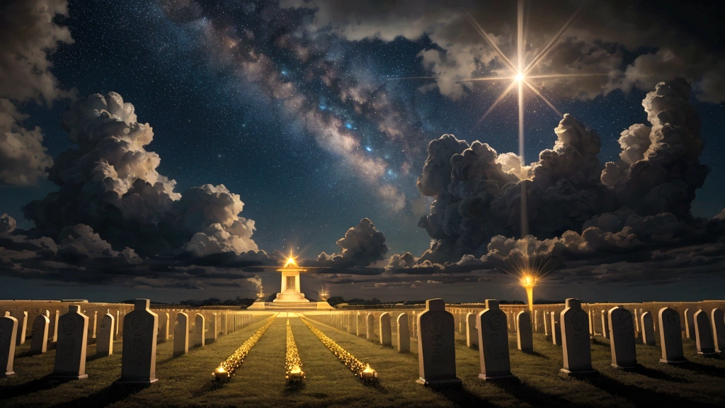 "A dramatic scene of a vast, starry sky with a brilliant, heavenly light breaking through the clouds. In the center, an angel is depicted blowing a magnificent, golden trumpet, sending out powerful sound waves. Below, the ground is illuminated with the radiance of the heavenly light, and the graves are opening. Souls, depicted as luminous figures, are rising up from their graves, symbolizing the moment of resurrection. The scene captures the suddenness and divine orchestration of this pivotal event."