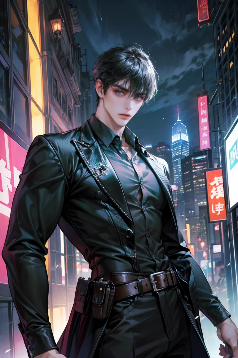 (absurdres, highres, ultra detailed, original character, HDR), 1 boy, solo, adult, handsome, ((tall muscular guy, broad shoulders)), finely detailed eyes, (black hair), hair between eyes, turquoise eyes, holographic, futuristic, casual and sexy outfit, black coat, gun holster, (body tight white shirt), big muscle breasts, ((wearing an earring)), cowboy shot, dutch angle, face focused, tower walled city scenery, dystopian hong kong city, skyscrapers, Cyan, Magenta, long face, closed mouth, looking at viewer, depth of field, bokeh