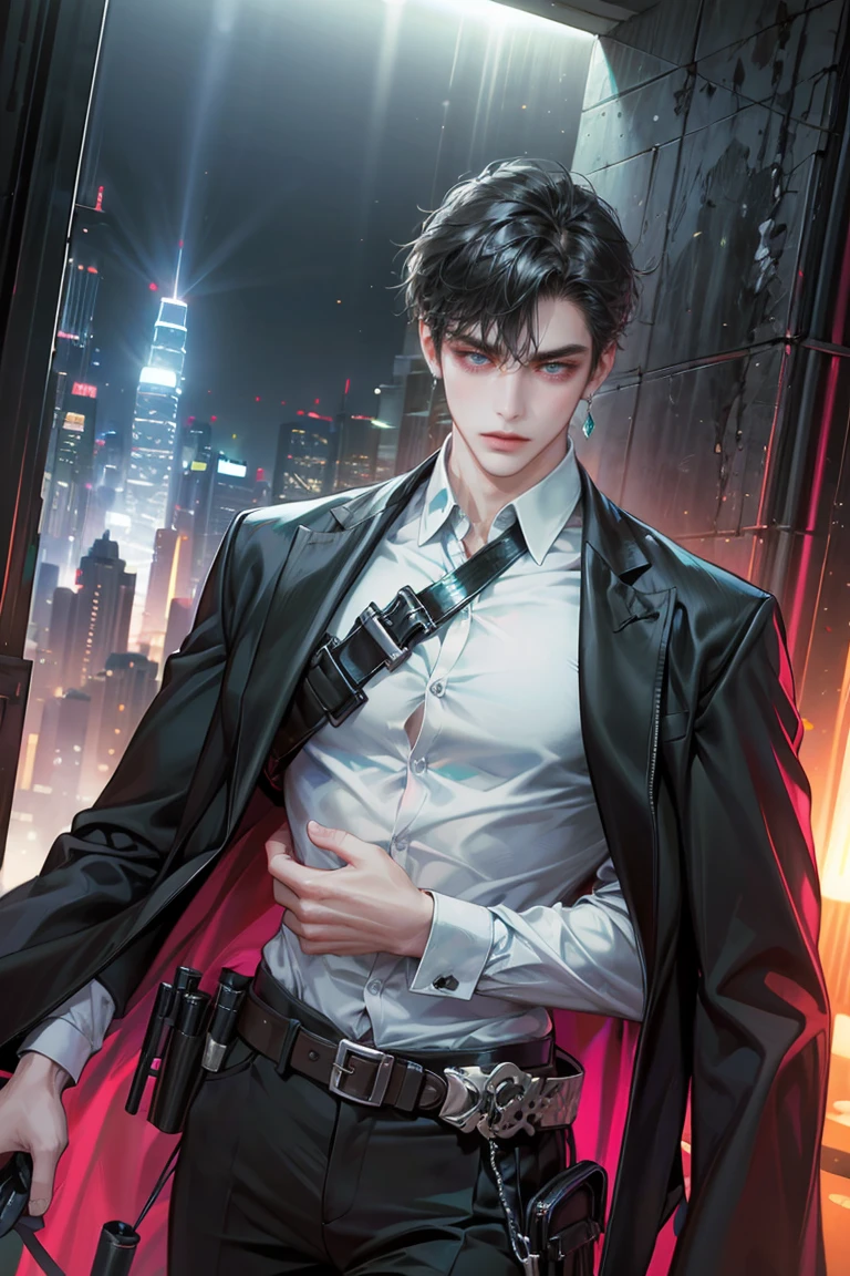 (absurdres, highres, ultra detailed, original character, HDR), 1 boy, solo, adult, handsome, ((tall muscular guy, broad shoulders)), finely detailed eyes, (black hair), hair between eyes, turquoise eyes, holographic, futuristic, casual and sexy outfit, black coat, gun holster, (body tight white shirt), big muscle breasts, ((wearing an earring)), cowboy shot, dutch angle, face focused, tower walled city scenery, dystopian hong kong city, skyscrapers, Cyan, Magenta, long face, closed mouth, looking at viewer, depth of field, bokeh