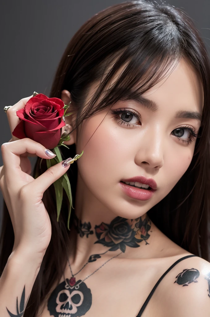 Skull、Tattoo、Hold a rose in your mouth、