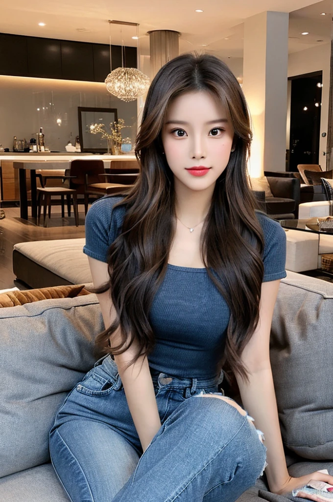 Generate an image of a stunning 20-year-old Asian woman with beauty akin to a goddess of the fire element. She has big brown eyes, dark brown hair, glowing skin, and an attractive appearance. She is wearing a beautiful top paired with blue skinny jeans. The woman is sitting sweetly on a living room sofa, her posture relaxed and inviting, surrounded by cozy and elegant decor.