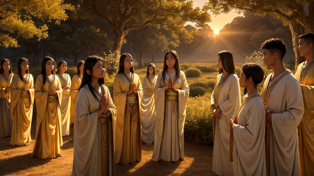 "A serene, early morning landscape where people are depicted in various activities, suddenly enveloped in a warm, golden glow. In the foreground, individuals are shown in the midst of being transformed: their earthly bodies shimmering and transitioning into glorified, radiant forms. The transformation is depicted as happening 'in the twinkling of an eye,' with expressions of awe and reverence on the faces of the transformed. The backdrop shows the first light of dawn, symbolizing new beginnings and eternal life."