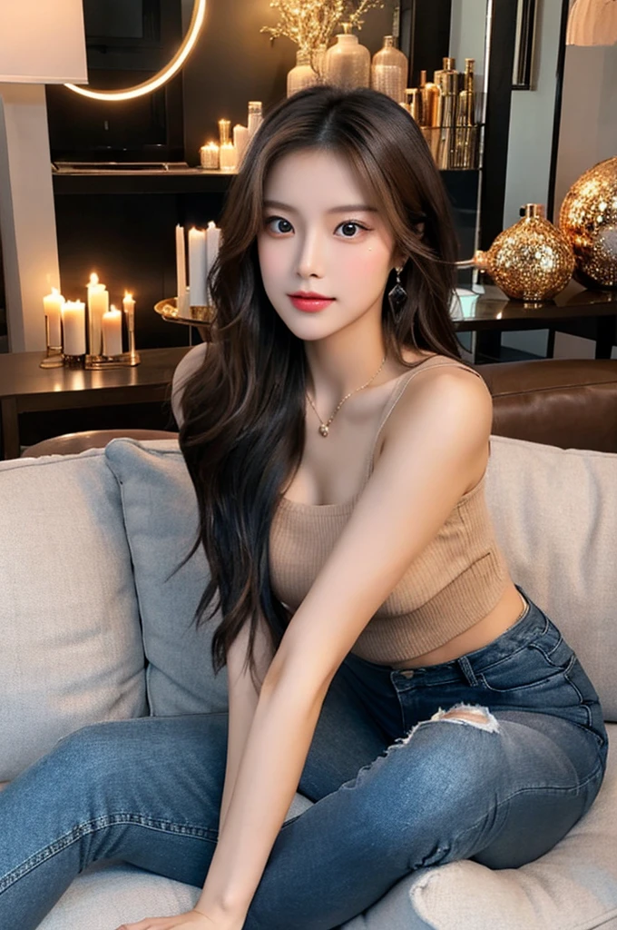 Generate an image of a stunning 20-year-old Asian woman with beauty akin to a goddess of the fire element. She has big brown eyes, dark brown hair, glowing skin, and an attractive appearance. She is wearing a beautiful top paired with blue skinny jeans. The woman is sitting sweetly on a living room sofa, her posture relaxed and inviting, surrounded by cozy and elegant decor.
