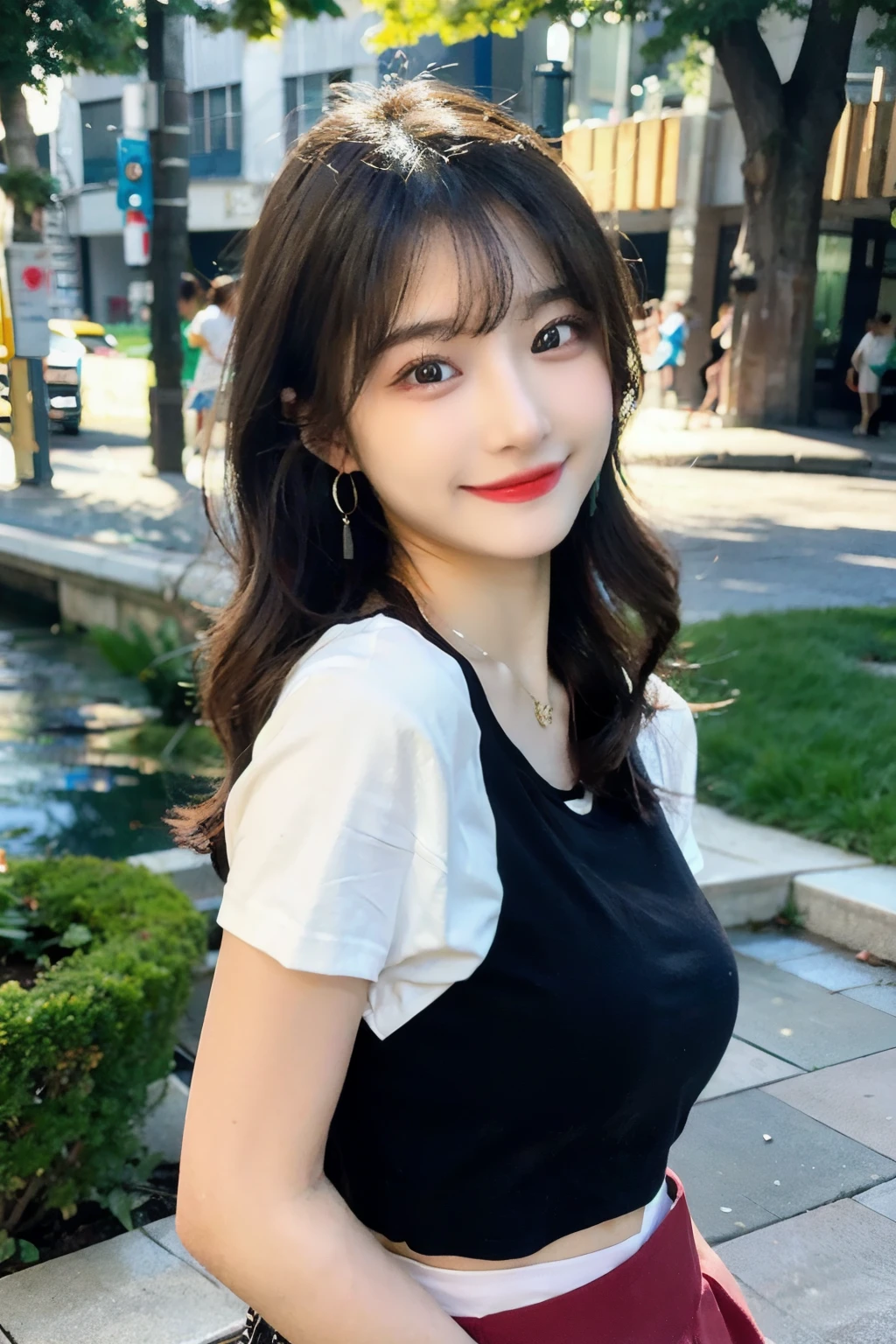 {{{wide angle}}}21 years old,Baby Face, Plump Style,Height: 155cm,long black wavy hair,Ordinary T-shirt,mini skirt、Medium Milk, Cute Smile、(Butt sticking out pose)、Park with a lake、Sexy pose、Big Necklace、Earrings、Full-body photo