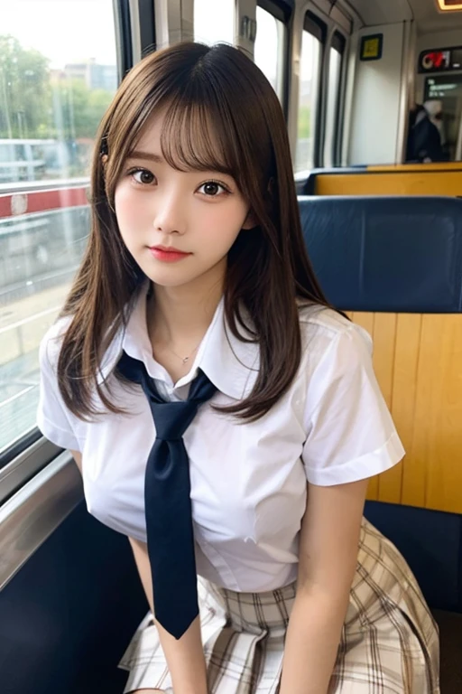 Tabletop, Highest quality, One Girl,Show off her white panties1.6Squat (beautiful girl, Cosplayers:1.3), (:1.2), Definition of very fine particles, (Symmetrical eyes:1.3), (Beautiful views, Sit in a long seat on the train), (Low angle shot, From below, Front view:1.3), (school uniform, White shirt, mini skirt:1.3), Beautiful breasts, Brown eyes, Parted bangs, Brown Hair
