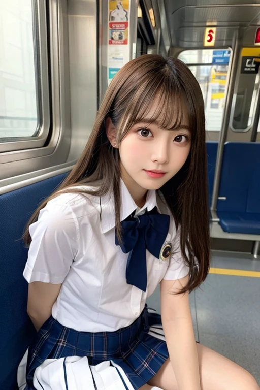 Tabletop, Highest quality, One Girl,Show off her white panties1.6Squat (beautiful girl, Cosplayers:1.3), (:1.2), Definition of very fine particles, (Symmetrical eyes:1.3), (Beautiful views, Sit in a long seat on the train), (Low angle shot, From below, Front view:1.3), (school uniform, White shirt, mini skirt:1.3), Beautiful breasts, Brown eyes, Parted bangs, Brown Hair
