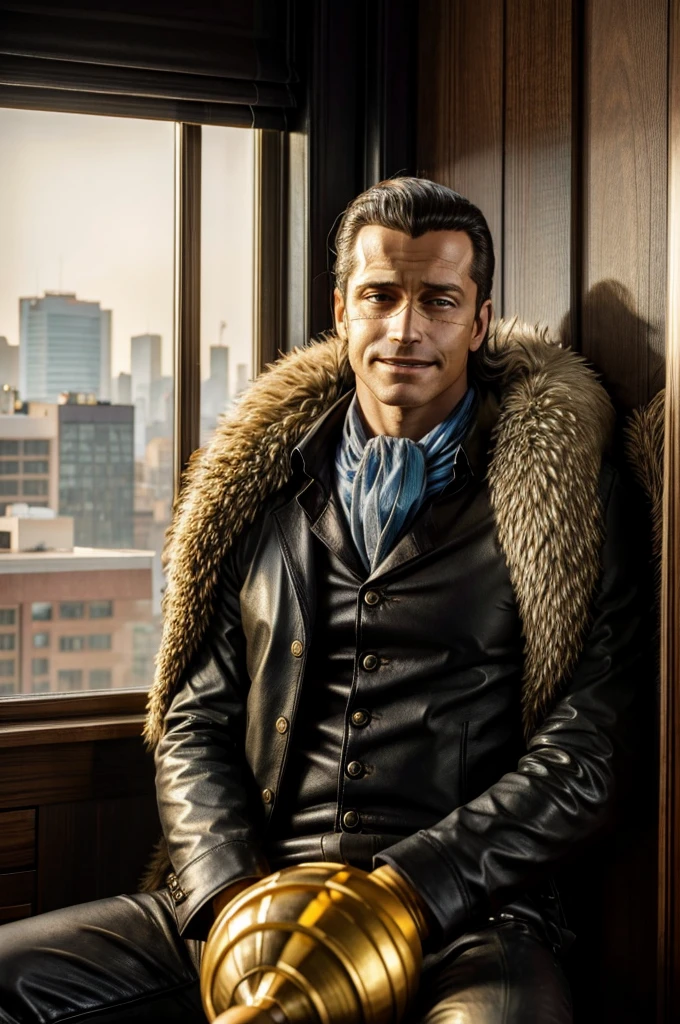 masterpiece, best quality, extremely detailed, hyperrealistic, photorealistic, a cool 40s man, ultra detailed face:1.2, fur-trimmed coat, scarf around the neck, his left hand is a golden pirate hook:1.1, detailed office, view from high-rise, sunshine, sly smile, sitting, from distance