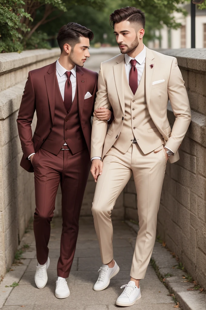 Create a pre-wedding groom, with a suit and slim marsala pants, a thin cream-colored tie,, colete cor marsala, and white sneakers