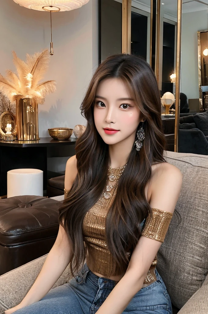 Generate an image of a stunning 20-year-old Asian woman with beauty akin to a goddess of the fire element. She has big brown eyes, dark brown hair, glowing skin, and an attractive appearance. She is wearing a beautiful top paired with blue skinny jeans. The woman is sitting sweetly on a living room sofa, her posture relaxed and inviting, surrounded by cozy and elegant decor.