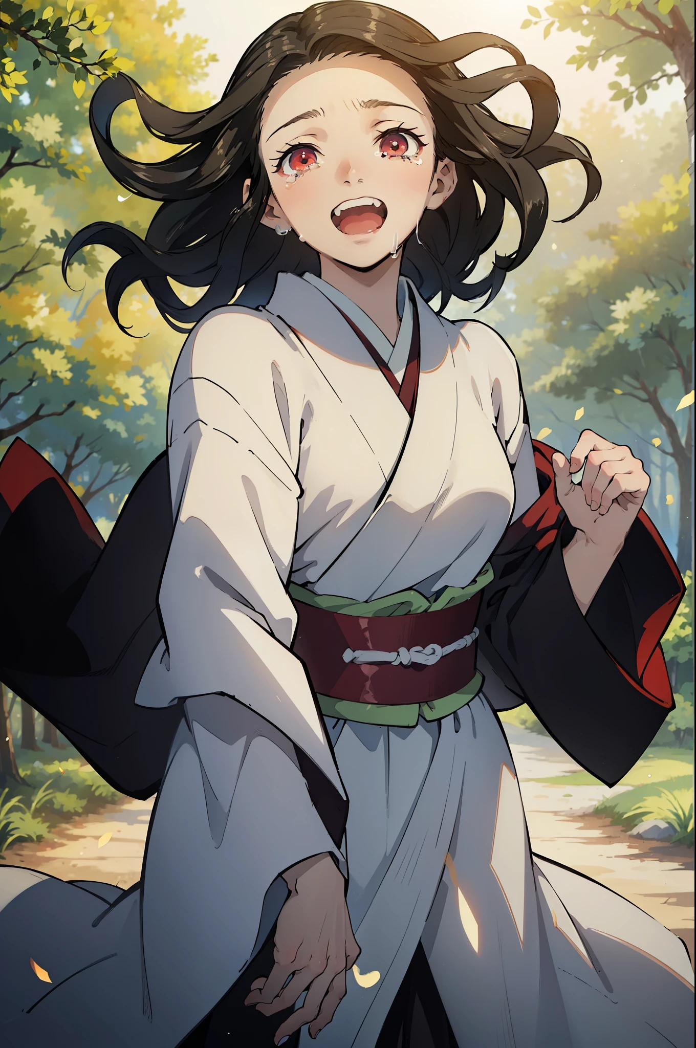 (masterpiece, best quality:1.2), kimetsu no yaiba style, kiyomi, (1girl, solo), 18years old, upper body, (front view, looking at viewer:1.2), simple white kimono, black long hair, (wind blowing hair:1.2), forehead, red eyes, BREAK (happy tears, crying and laughing:1.2), (forest background, depth of field, sunlight filtering through the trees, sun glare, light particles)
