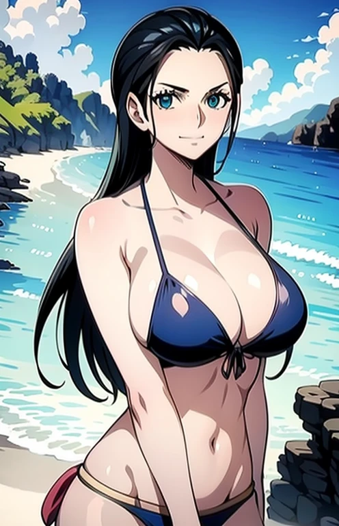 Nico Robin, hair slicked back, large breasts, bikini
