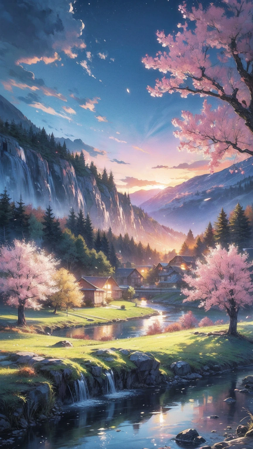 Draw a river and a small village, Anime beautiful peaceful scene, Very beautiful scenery, Landscape Artwork, Landscape art details, Very beautiful digital art, The beauty of natural landscape, Beautiful art UHD 4K, Very beautiful photos, Beautiful nature, Landscape Wallpaper, really Beautiful nature, Beautiful digital artwork, Beautiful background, Cherry tree, Anime style