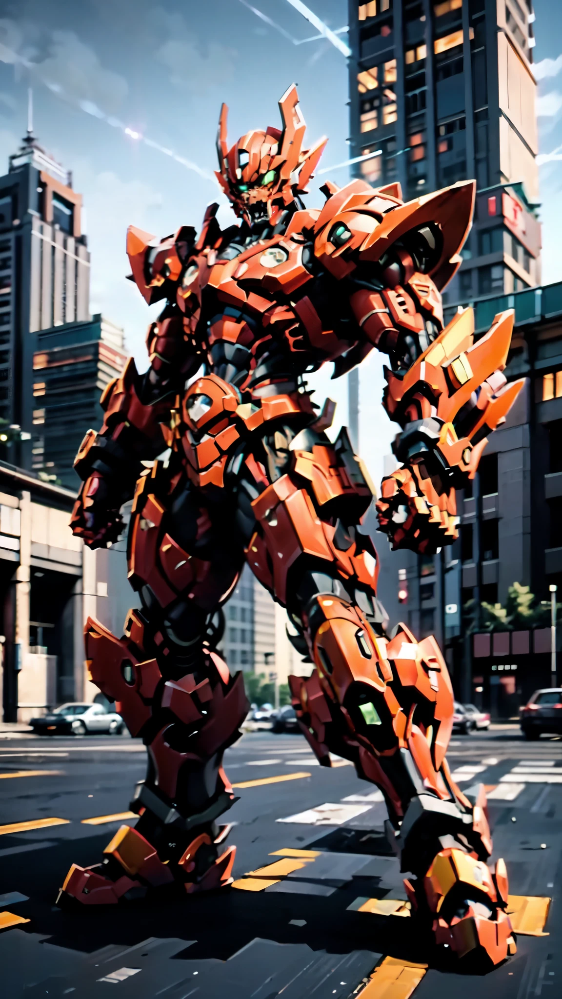 (masterpiece:1.5, best quality:1.5, extremely delicate:1.5, perspective:1.5, foreshortening:1.5, dynamic angle:1.5), a man wearing a full-face helmet, a fantasy-style biotech armored combat suit, green eyes, (a composite layered chest armor), fully enclosed shoulder guards, matching arm and leg guards, the belt is adorned with fangs biting into orbs, (the color scheme is primarily black with red accents), the design balances heavy with agility, a high-tech bio-mecha armor, (Armor Concept Inspired by Bat, stand on the top of a skyscraper in a futuristic sci-fi city), this character embodies a finely crafted fantasy-surreal style armored hero in anime style, exquisite and mature manga art style, (element, plasma, energy, the armor glows), ((male:1.5)), metallic, high definition, highres, ultra-detailed, ultra-fine painting, professional, perfect body proportions, golden ratio, anatomically correct, symmetrical face, extremely detailed eyes and face, high quality eyes, creativity, RAW photo, UHD, 32k, Natural light, cinematic lighting, masterpiece-anatomy-perfect