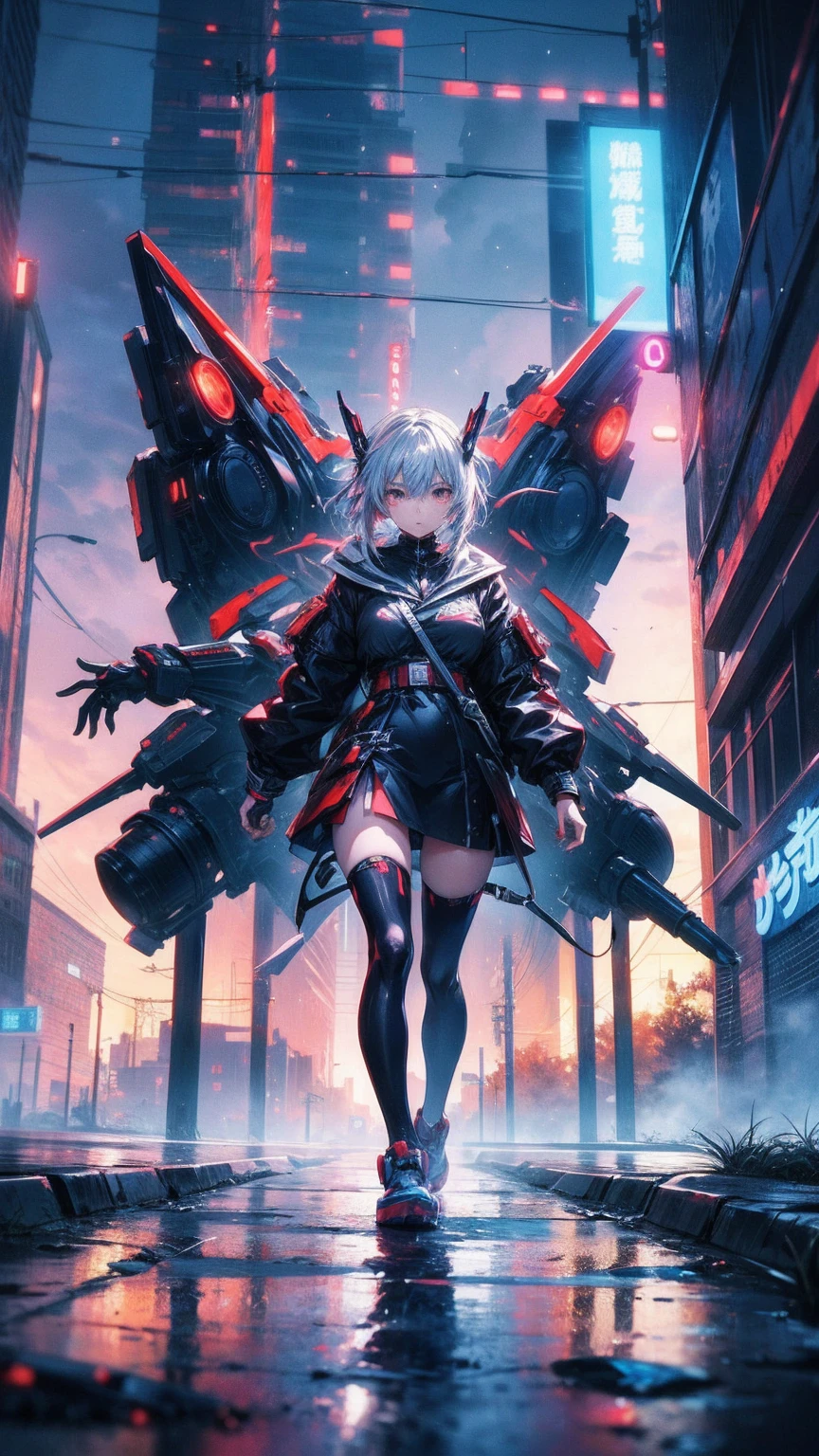 super high quality、8K quality、High resolution、Image quality captured with a single-lens reflex camera、(SFW)、Perfect Anatomy、(White dress theme)Beautiful Mecha Girl、Beautiful blonde 20 year old girl.Orange eyes、(Good shape、Normal chest、Cleavage)、3D, Realistic black machine parts、(Shoulders and legs are exposed:1.2)(Real Mechanical Unit、The mechanism is concentrated on the back)、break(Wear a red dress:1.4)(Mechanical parts below the elbows and knees:1.3)break(Perfect Anatomy:1.4)break(Profile、look back、avert your eyes:1.4)(Aurora)(Major cities in Saitama Prefecture:1.5)(Dynamic Lens、Dynamic Angle)