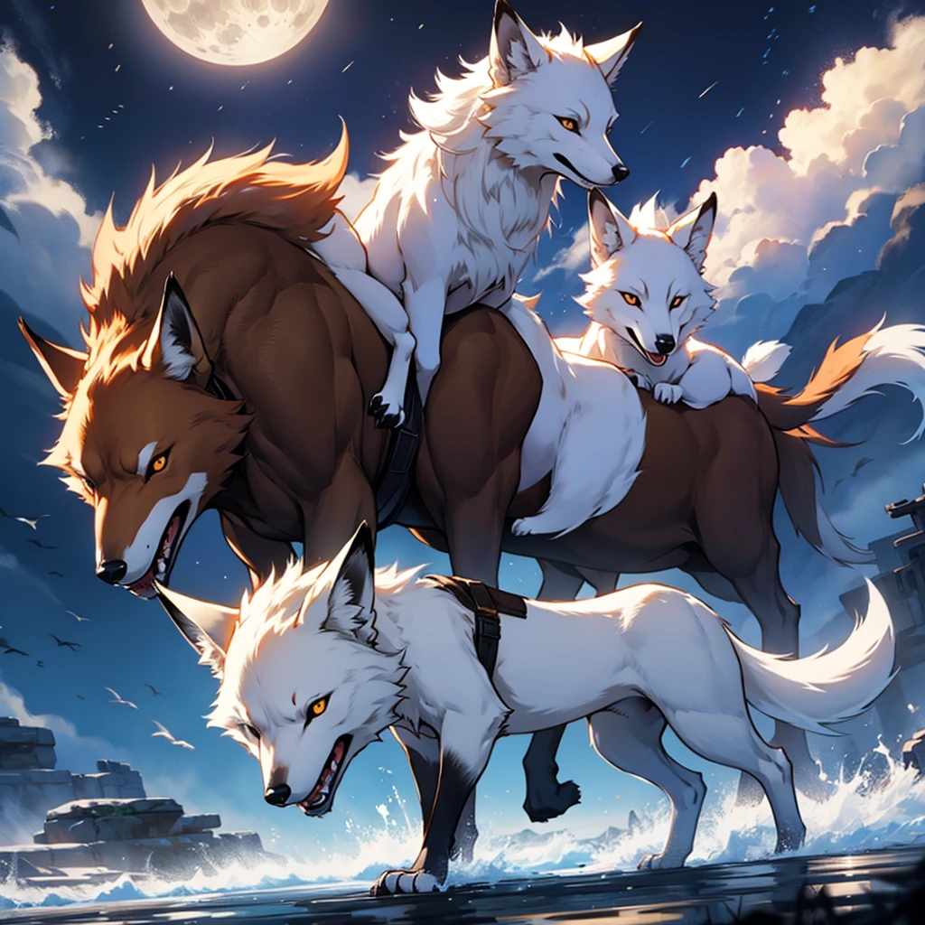 Moonlit night, A white fox with nine tails runs, Active fox behavior, angry fox
