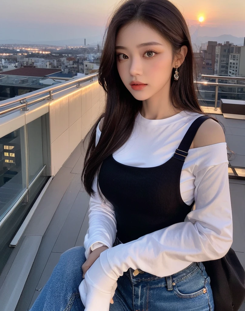 ((Midnight, Highest quality, 8K, masterpiece :1.3)), whole body, Long legs, Sharp focus :1.2, Beautiful woman with perfect figure :1.4, Slim Abs :1.1, ((Dark brown hair, Big Breasts :1.2)), (White tight T-shirt, Jean Bib, Are standing:1.2), ((Night city view, rooftop:1.3)), Highly detailed face and skin texture, Fine grain, double eyelid, sunset, Darken, Backlight, Off the shoulder