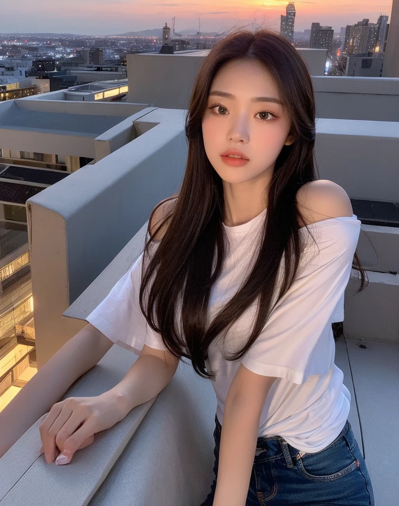 ((Midnight, Highest quality, 8K, masterpiece :1.3)), whole body, Long legs, Sharp focus :1.2, Beautiful woman with perfect figure :1.4, Slim Abs :1.1, ((Dark brown hair, Big Breasts :1.2)), (White tight T-shirt, Jean Bib, Are standing:1.2), ((Night city view, rooftop:1.3)), Highly detailed face and skin texture, Fine grain, double eyelid, sunset, Darken, Backlight, Off the shoulder