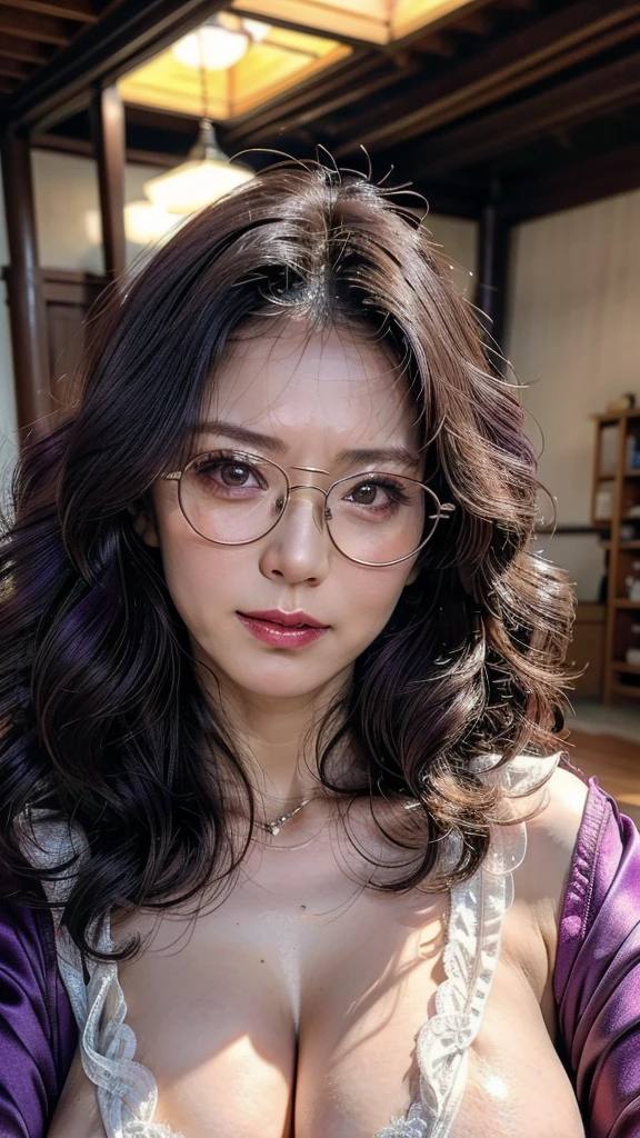 (  Absurdly , high quality , Super detailed:1.2 ) ,( Handcrafted details ) , (Highly detailed beautiful face:1.2),One girl, Mature Woman, ((Akina Nakamori:1.2)),masterpiece, spouse, goddess,short hair ,((Purple Hair)),Glasses,((Natural big breasts:1.4)),((Upper Body))