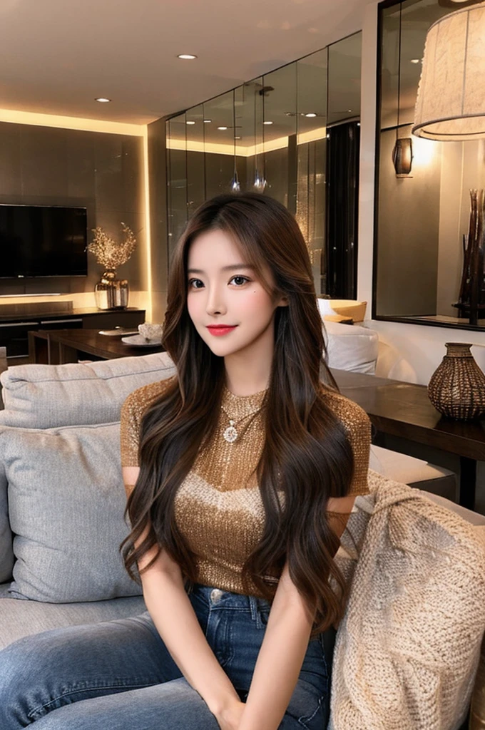 Generate an image of a stunning 20-year-old Asian woman with beauty akin to a goddess of the fire element. She has big brown eyes, dark brown hair, glowing skin, and an attractive appearance. She is wearing a beautiful top paired with blue skinny jeans. The woman is sitting sweetly on a living room sofa, her posture relaxed and inviting, surrounded by cozy and elegant decor.