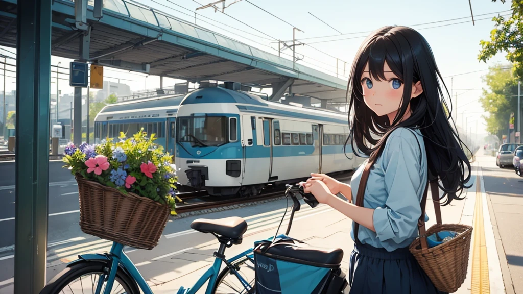 a pretty girl riding a light blue bicycle on a quiet morning, long black hair, delicate features, passing by a train station, basket with a book and water bottle, peaceful morning sunlight