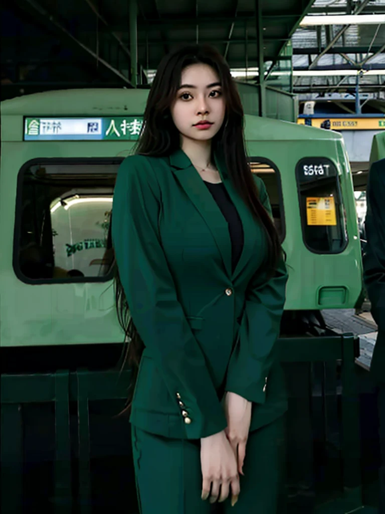 (One girl), alone, Latin Girls, length_hair, wear(Green Formal_suit, jewelry), photograph(Mid-range shot), Portraiture, Sitting pose, throw, Blurred_background, background(futuristic metro_station), (photographrealistic, Absurd, Highest_quality:1.55),