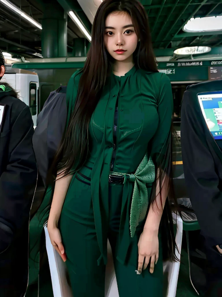(One girl), alone, Latin Girls, length_hair, wear(Green Formal_suit, jewelry), photograph(Mid-range shot), Portraiture, Sitting pose, throw, Blurred_background, background(futuristic metro_station), (photographrealistic, Absurd, Highest_quality:1.55),