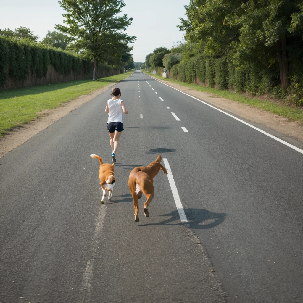 naked girl running from a dog on the street