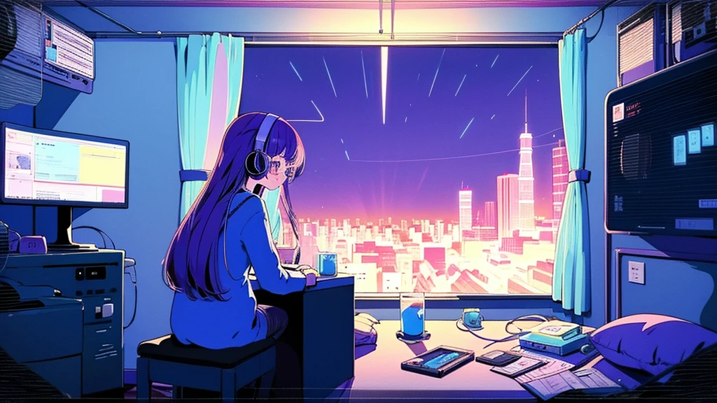 (from behind), Anime girl sitting in front of a computer in a cozy bedroom, Girl listening to music while studying in a cozy room (night), round glasses, Using headphones, on the roof, (beautiful night views from windows), lots of things, 2D anime style, The aesthetics of anime in the 90s, lo-fi,  long hair, very detailed, Hard disk, A mix of anime style and Fujifilm, surreal, 8K, masterpiece, violet eyes,black gloves, round glasses, long sleeves,violet hair, Flat Chest, smile, pantyhose