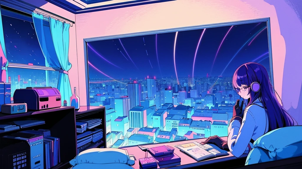 (from behind), Anime girl sitting in front of a computer in a cozy bedroom, Girl listening to music while studying in a cozy room (night), round glasses, Using headphones, on the roof, (beautiful night views from windows), lots of things, 2D anime style, The aesthetics of anime in the 90s, lo-fi, long hair, very detailed, Hard disk, A mix of anime style and Fujifilm, surreal, 8K, masterpiece, violet eyes,black gloves, round glasses, long sleeves,violet hair, Flat Chest, smile, pantyhose