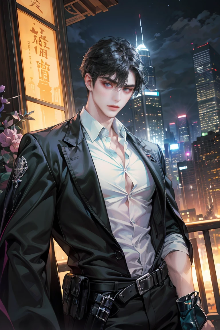 (absurdres, highres, ultra detailed, original character, HDR), 1 boy, solo, adult, handsome, ((tall muscular guy, broad shoulders)), finely detailed eyes, (black hair), hair between eyes, turquoise eyes, holographic, futuristic, casual and sexy outfit, black coat, gun holster, (body tight white shirt), (large man breasts), ((wearing an earring)), cowboy shot, dutch angle, face focused, tower walled city scenery, dystopian hong kong city, skyscrapers, Cyan, Magenta, long face, closed mouth, looking at viewer, depth of field, bokeh