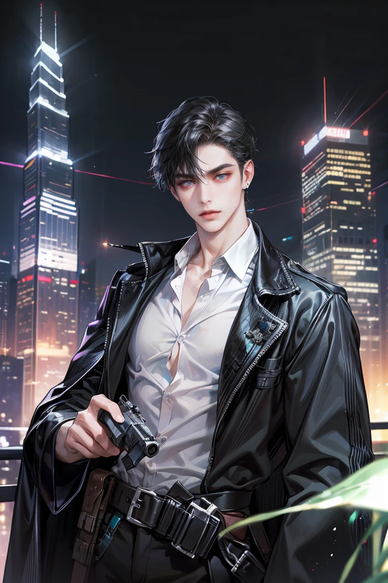 (absurdres, highres, ultra detailed, original character, HDR), 1 boy, solo, adult, handsome, ((tall muscular guy, broad shoulders)), finely detailed eyes, (black hair), hair between eyes, turquoise eyes, holographic, futuristic, casual and sexy outfit, black coat, gun holster, (body tight white shirt), (large man breasts), ((wearing an earring)), cowboy shot, dutch angle, face focused, tower walled city scenery, dystopian hong kong city, skyscrapers, Cyan, Magenta, long face, closed mouth, looking at viewer, depth of field, bokeh