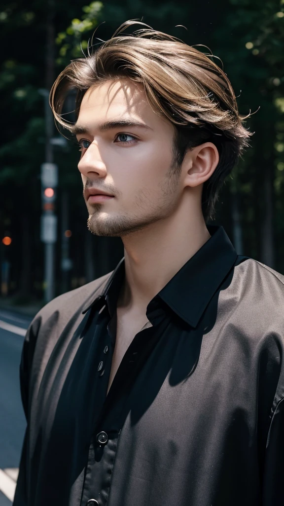 24-year-old guy, Black Full Sleves Shirt,silky blonde disheveled hairstyle, Square face shape, light beard, looking up at the camera, Walking on an empty road, Direct ownership, perfect lighting, deep shadow, Best Quality, Masterpiece, ultra highres, Photorealistic, black hair, black eyers