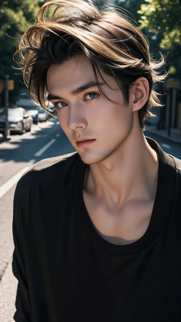 24-year-old guy, Black Full Sleves Shirt,silky blonde disheveled hairstyle, Square face shape, light beard, looking up at the camera, Walking on an empty road, Direct ownership, perfect lighting, deep shadow, Best Quality, Masterpiece, ultra highres, Photorealistic, black hair, black eyers