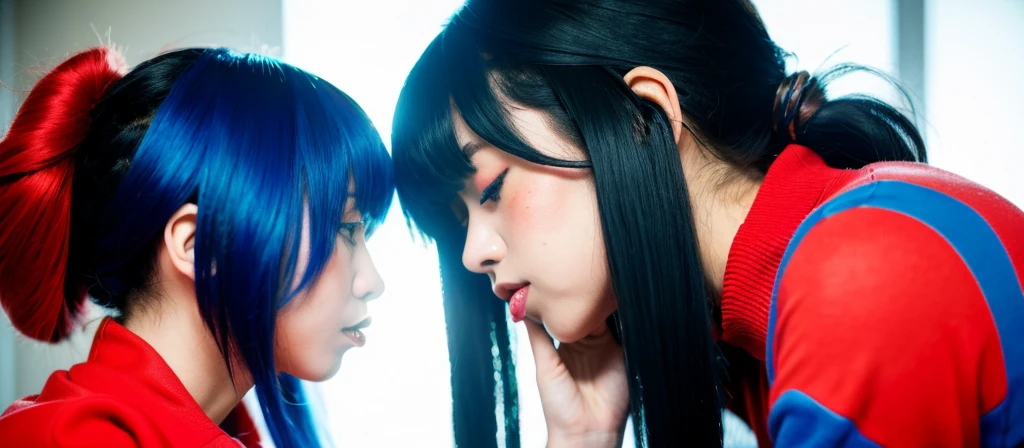 geneame two otaku women kissing, blue and red hair
