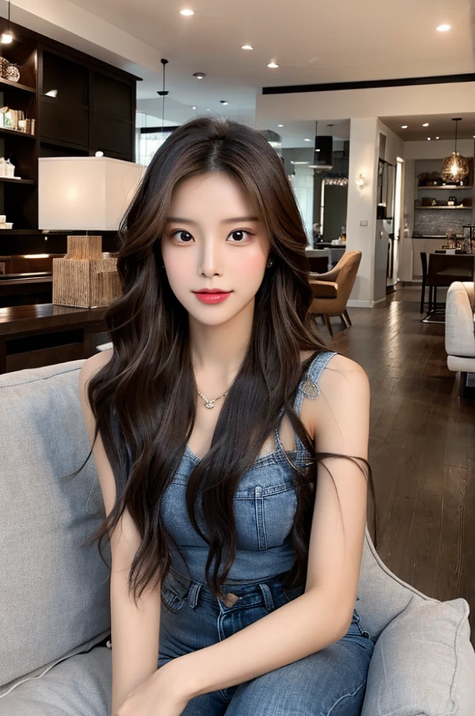 Generate an image of a stunning 20-year-old Asian woman with beauty akin to a goddess of the fire element. She has big brown eyes, dark brown hair, glowing skin, and an attractive appearance. She is wearing a beautiful top paired with blue skinny jeans. The woman is sitting sweetly on a living room sofa, her posture relaxed and inviting, surrounded by cozy and elegant decor.