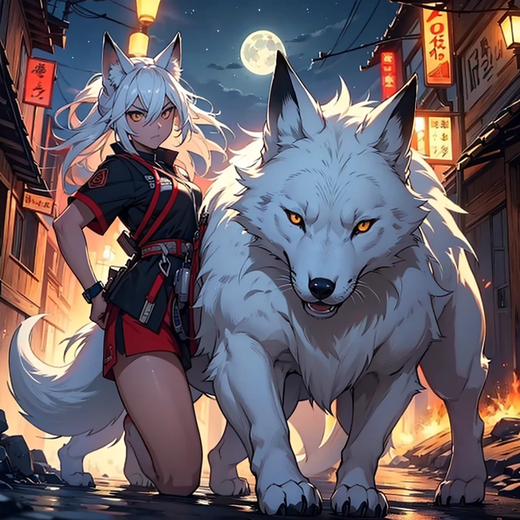 Moonlit night, A white fox with nine tails runs, Active fox behavior, angry fox