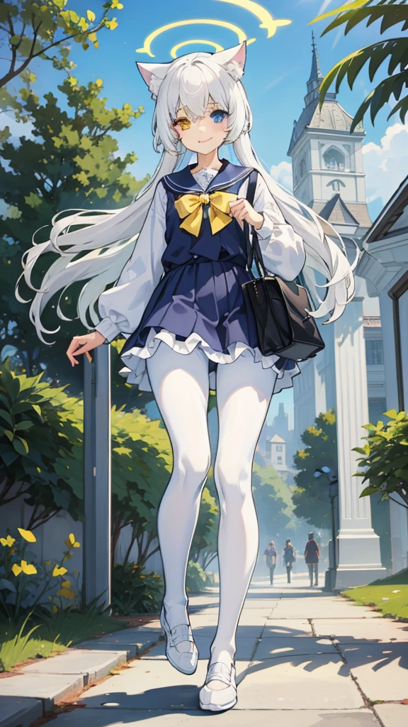 White hair,Long hair,Cat ear,Heterochromia(Blue on the left and yellow on the right),Campus clothing,White pantyhose, body type,Smile,Halo,in the park