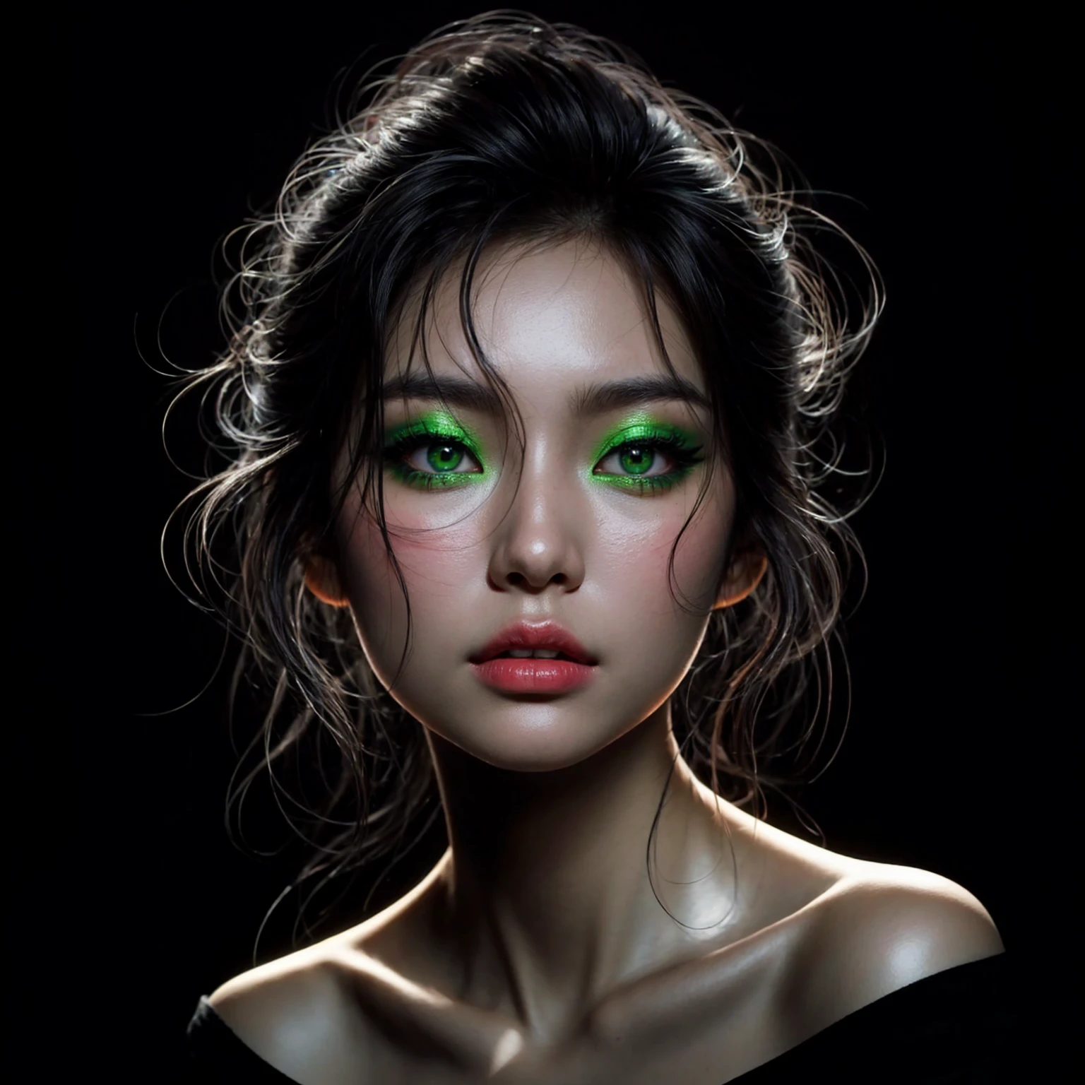 digital art, very dim studio lighting, korean female, gorgeous black hair loosely styled up with wisps, bright green eyes, glowing green eyeshadow and glossy lipstick. Realistic face. Shadowed black neck and shoulders. Dark background, with glow outline