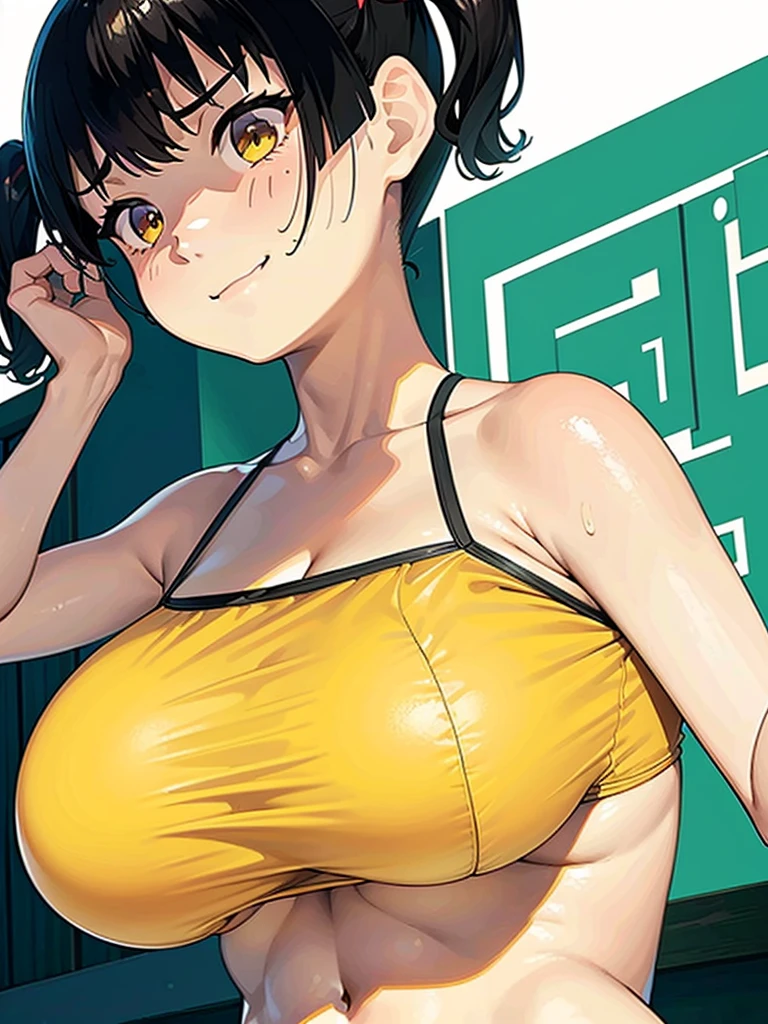 topless, Big Breasts, ぬるぬるのBig Breasts, Sweaty breasts, sasaki kanna, Twin tails, smug face, Grin, titfuck , Yellow sports bra, , , She has a childlike figure but her breasts are big, Zuo々city, Underboob, Big Breastsを自慢する