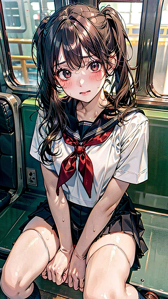 Panty drop,twin tail,POV,Shiny, sweaty thighs:1.5,open legs,Japanese , sitting on a train,Green sheet,reading a book,sailor uniform, white shirt, red ribbon, brown leather shoes, skirt lift,black skirt,black high socks, embarrassed expression,train interior, morning light, calm atmosphere, urban setting, high quality, highly detailed, realistic photo, intricate details