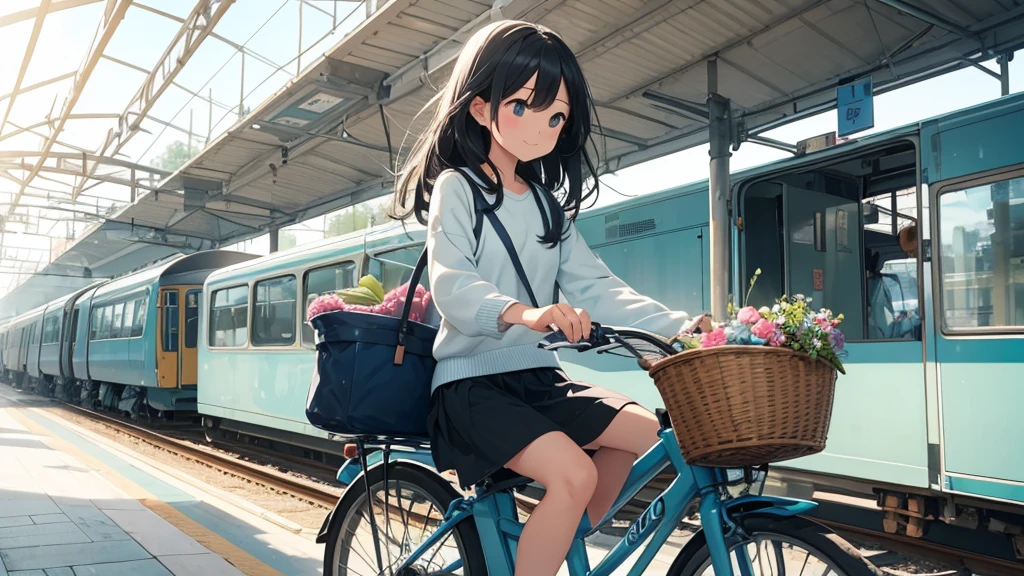 a girl riding a light blue bicycle on a quiet morning, long black hair, delicate features, passing by a train station, basket with a book and water bottle, peaceful morning sunlight with a lovely smiley face
