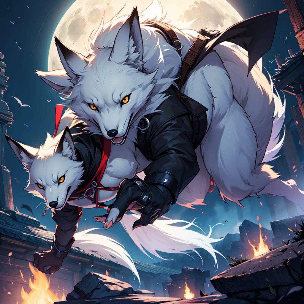 Moonlit night, A white fox with nine tails runs, Active fox behavior, angry fox