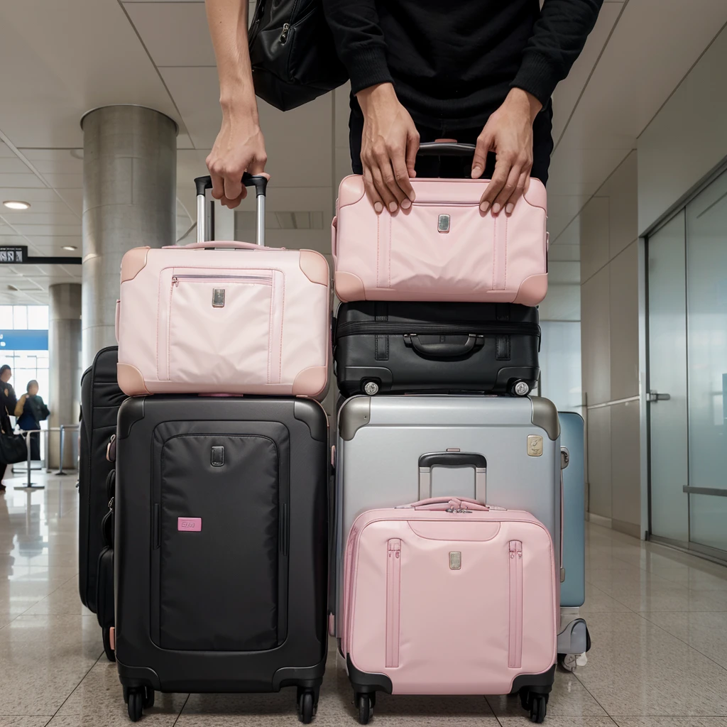 two suitcases, one black and one pink closed with standing wheels, image at the airport, only the suitcases come out and two hands holding a suitcase with each hand, only the suitcases and the hand come out.