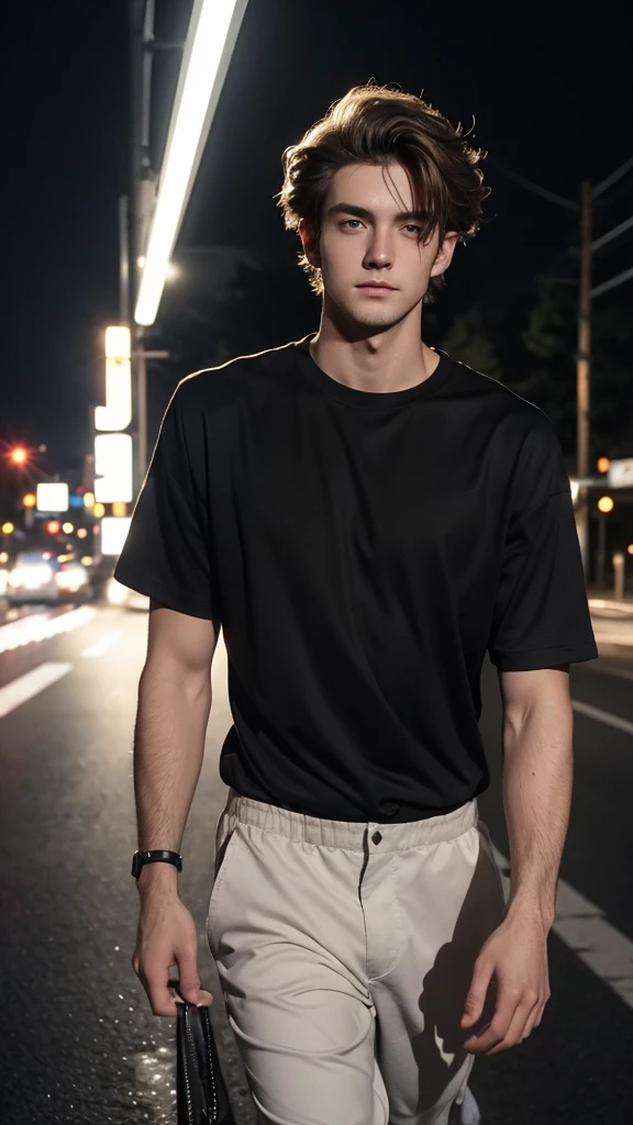 24-year-old guy, Black Full Sleves Shirt,silky blonde disheveled hairstyle, Square face shape, light beard, looking up at the camera, Walking on an empty road, Direct ownership, perfect  lighting, deep shadow, Best Quality, Masterpiece, ultra highres, Photorealistic, black hair, black eyers, realistic, night time