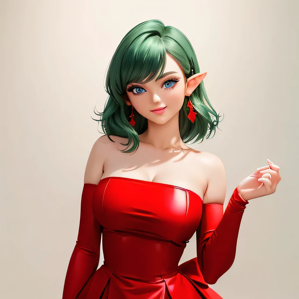 ((masterpiece,best quality,ultra-delicate,Perfect Face,16k,high resolution,very beautiful girl)),Medium short deep green hair:1.2, Red strapless bodycon tube dress tied very huge red bow:1.2 ,Red long arm sleeves,red high heels,Elf Girl,large Breasts,blue eyes,Beautiful smile,20 years old