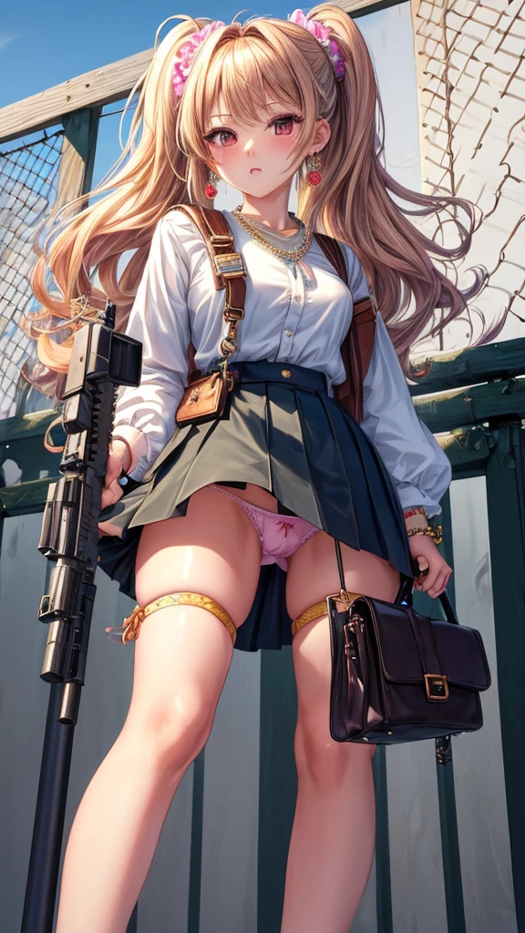 (masterpiece, highest quality, ultra high res, ultra detailed:1.3), 1 cute girl, gyaru, ideal ratio body proportions, many accessories, wrist scrunchies, brecelet, necklace, earrings, (holding rifle, looking into the gun sight, putting one foot on the fence:1.3), mini skirt, (showing off panties:1.4), cameltoe, looking down, standing on the roof, from below, hanging student bag on shoulder,