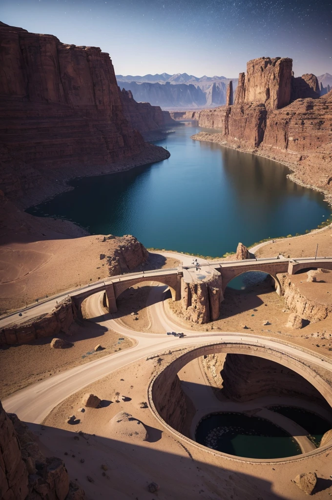 beautiful landscape, of mountains in the desert with a bridge of ancient stones in the center cutting through the landscape, its stars, the entire landscape in well-lit, cinematic 3D, in high resolution 32k
realist